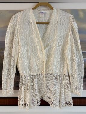 NWT Vintage 80s Avon Fashions Cream Lace Peplum Top Blouse Jacket Coquette